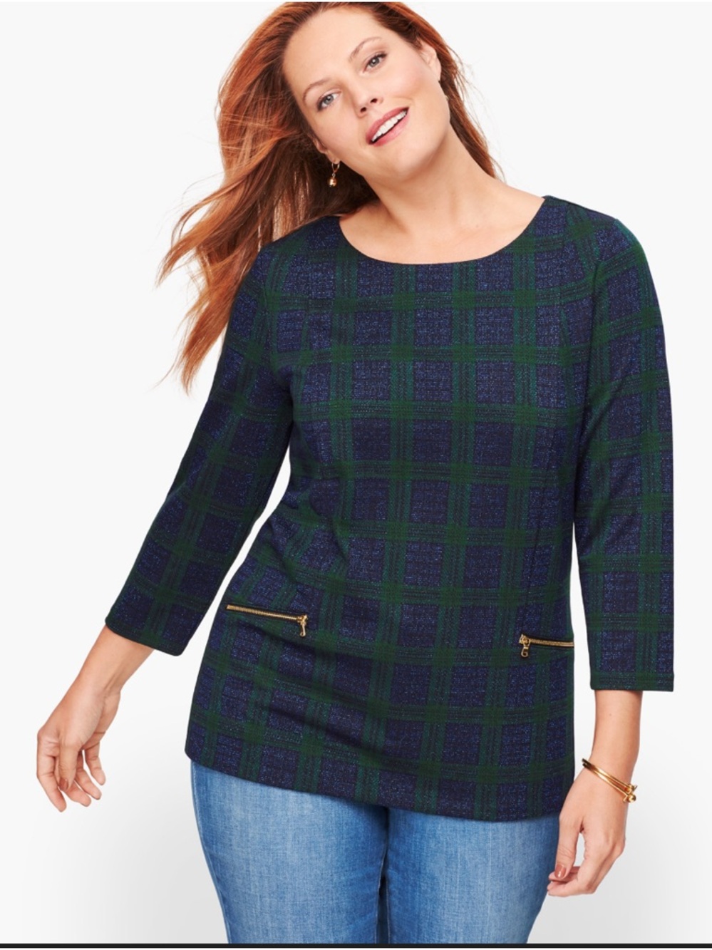 Talbots Jacquard Top Blue Watch Plaid Size LP Petite 3/4 Sleeve Office NEW